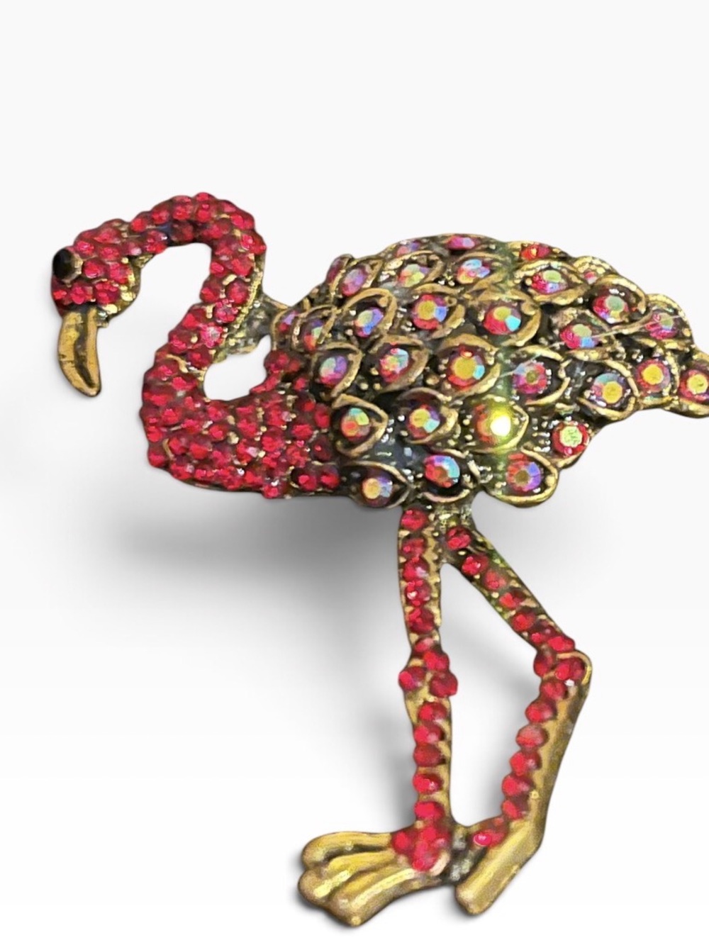 Source Unknown Gold-Tone Flamingo Brooch with Pink and Aurora Crystals